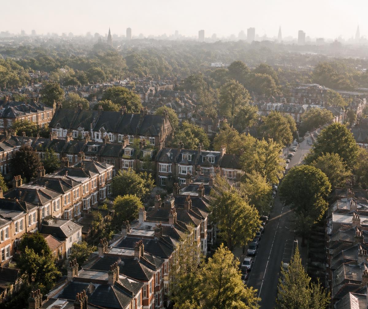 Aerial view of North London residential rooftops and tree-lined streets